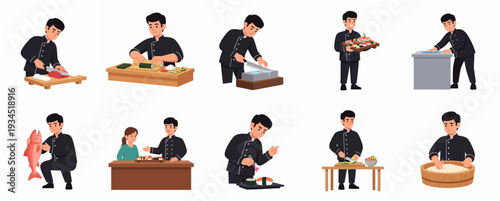 Cartoon Character Chef Preparing Sushi Ingredient and Serving Customer Illustration Set