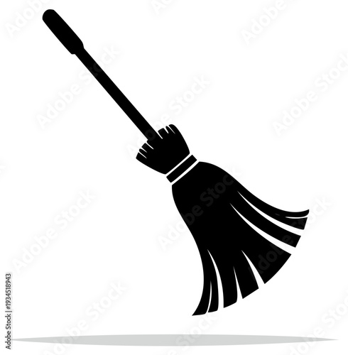 Black silhouette broom icon simple vector illustration for cleaning housework or Halloween themes