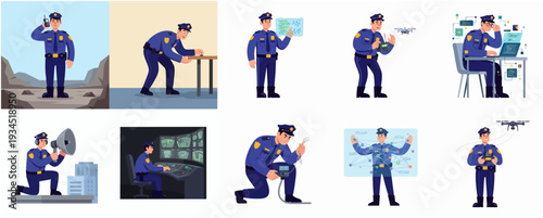 Modern Flat Illustration Set Featuring Male Police Officer Character Performing Various Law Enforcement Duties and Utilizing Technology