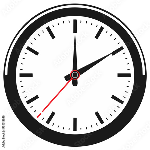 Black and white clock with red seconds hand indicating time.