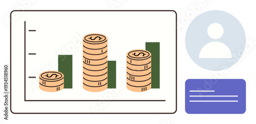 Financial growth, business strategy, investment, economic trends, data visualization, marketing analysis. Stacked coins with a bar chart and user icon. Financial growth and business strategy concept