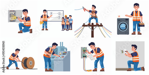 Detailed Cartoon Style Electrician Character Set of Various Working Scenarios
