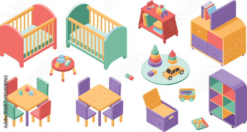 Isometric children furniture and toys set, nursery crib table chairs shelf colorful playroom illustration collection