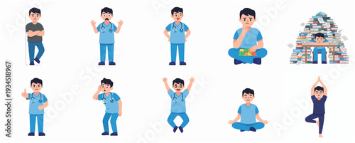 Cartoonish Diverse Doctor Character Set with Different Poses and Expressions Illustration