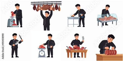 Flat Illustration Set of Butcher Character Working in Meat Shop Performing Various Meat Preparation Tasks Collection