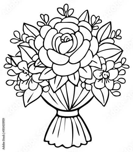 Elegant flower bouquet illustration featuring a prominent rose and delicate filler flowers, perfect for coloring or crafts.