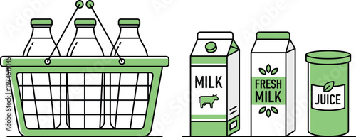 Milk bottles in basket and fresh dairy products illustration, green flat design grocery beverage packaging set for retail concept