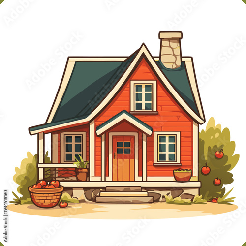 Vector illustration of cozy rural country house with stone base, apple trees, isolated on a white background
