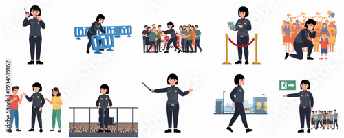 Flat Design Security Guard Character Various Activity Poses and Crowd Management