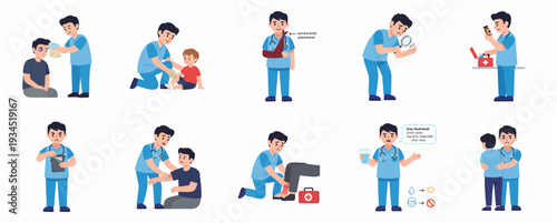 Cartoon Illustration Set of Doctor and Patient in Various Medical Scenarios