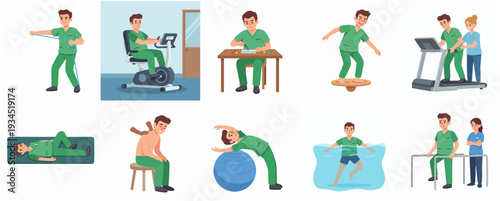 Flat Illustration Physiotherapist Guiding Patient through Rehabilitation Exercises and Different Activities