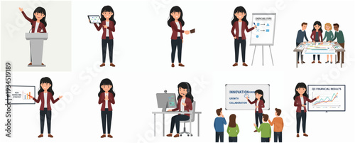 Diverse Flat Businesswoman Presentation Poses Set in Various Corporate Scenarios