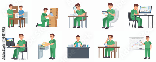 Flat Style Detailed Medical Staff Characters in Various Office Activities Set Illustration