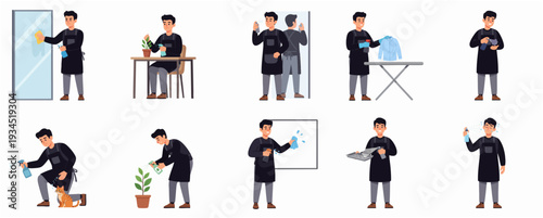 Diverse Flat Illustration of a Man Cleaning and Doing Household Chores