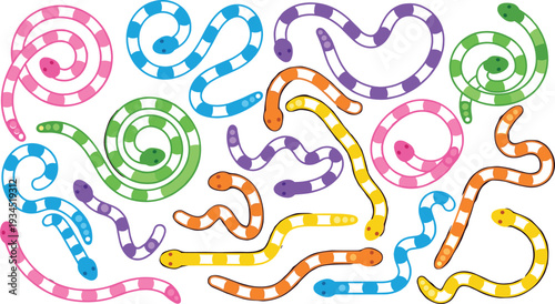 Set of colorful striped snakes, cute cartoon reptiles, winding serpent characters, vibrant exotic animals, wildlife pet collection, garden crawling creatures, flat vector illustration.