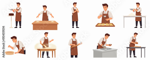 Flat Detailed Baker Man Character Various Poses Occupation Illustration
