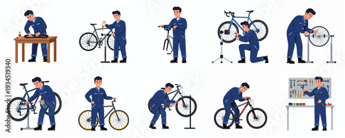 Flat Illustration of a Mechanic Repairing and Assembling a Bicycle Collection