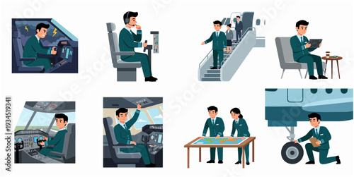 Flat Design Professional Aviation Pilot and Staff Detailed Illustration
