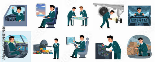Cartoon Style Detailed Airplane Pilot in Various Poses and Scenarios Illustration