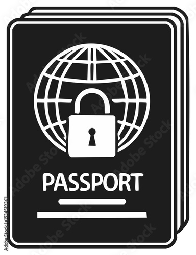 Stack of black passports with globe icon and padlock security, secure travel documents with world symbol for personal ID