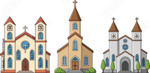 Set of Christian Church Buildings with Towers Crosses and Detailed Facades Religious Architecture Vector Illustration Isolated on Light Background