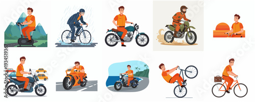 Cartoon Style Illustration Set of Man Character Riding Different Vehicle Mode
