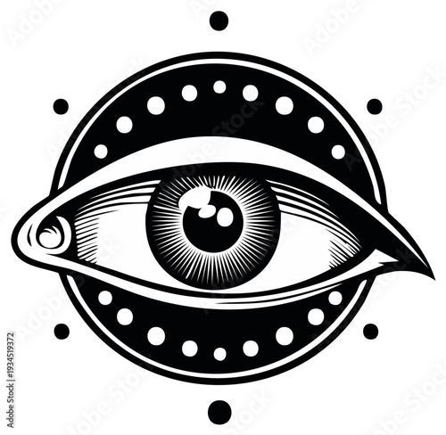 Mystical all seeing eye spiritual symbol with ornate circular design and dot embellishments black and white illustration