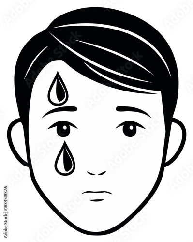 Head portrait of a person sweating from the forehead and cheek, black and white illustration.