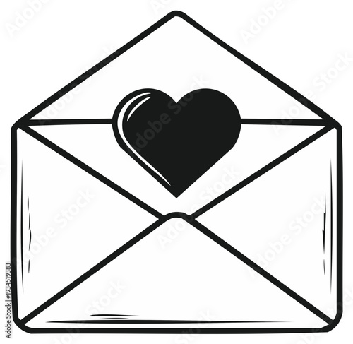 Open Envelope with Black Heart Symbol Inside Simple Line Art Illustration