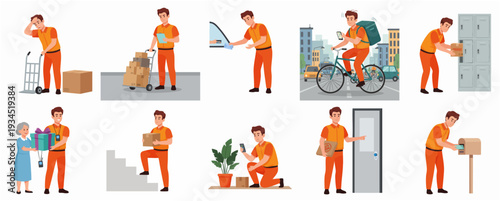 Illustrated Delivery Man Character in Different Poses and Activities Set