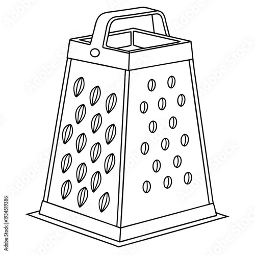 Kitchen grater for shredding food, metal device with handle and various grating sides, essential tool for food preparation and cooking tasks