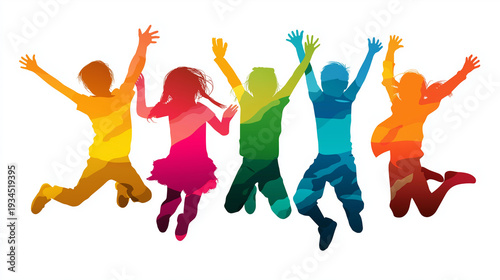 Collection of children's silhouettes in various dynamic poses jumping and dancing in flat design style, kids activity illustration concept, playful children silhouette art, with