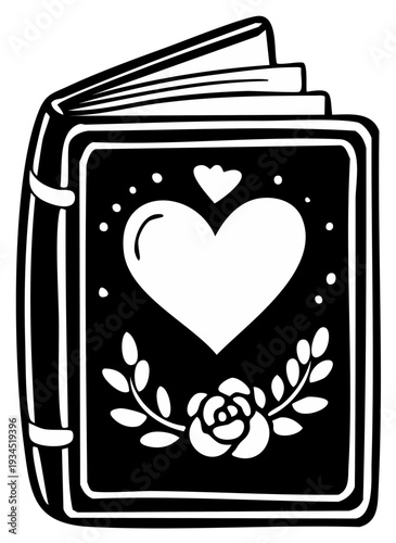 Open book with romantic heart design and floral border celebrating love stories and cherished memories
