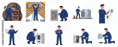 Flat Illustration of Male Technician Repairing Heating Ventilation and Air Conditioning System