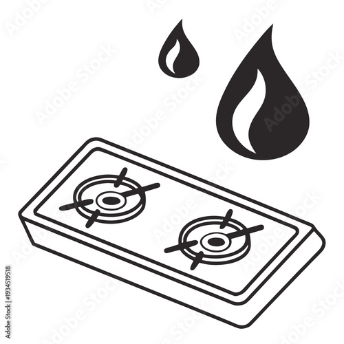 Isometric kitchen gas stove top two burner cooktop with flames black and white cartoon icon illustration isolated on white background