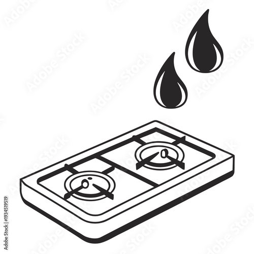 Isometric kitchen gas stove top two burner cooktop with flames black and white cartoon icon illustration isolated on white background