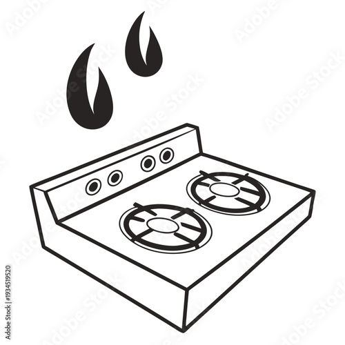 Isometric kitchen electric stove top two burner cooktop with heat waves black and white cartoon icon illustration isolated on white background