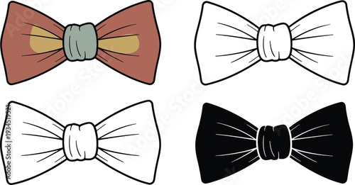 Bowtie silhouette & Outline and illustration set isolated on transparent background