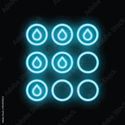 Blue neon water drop icon pattern glowing on black background with copy space