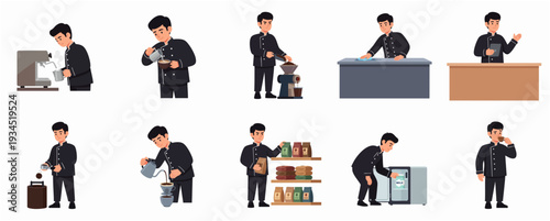 Flat Illustration Young Male Barista in Action at Coffee Shop Set