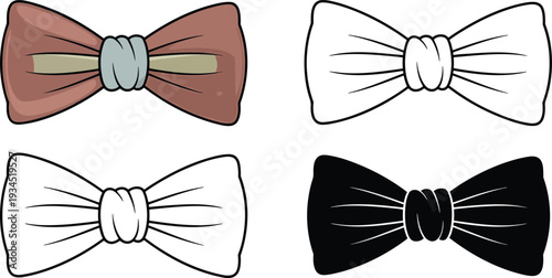 Bowtie silhouette & Outline and illustration set isolated on transparent background