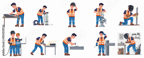 Detailed Flat Character Set of Welder in Various Working Poses Illustration