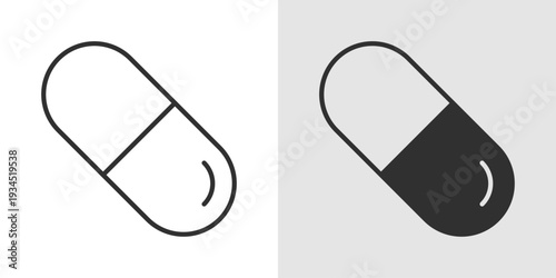 Capsule Icon representing medicine, pharmaceuticals, healthcare treatment, and medication used in medical and pharmaceutical industries.