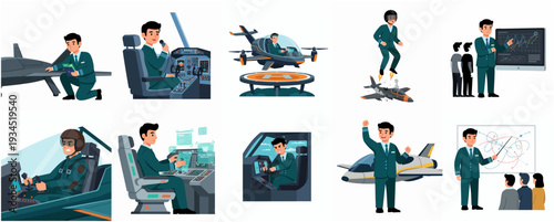 Cartoon Style Aviation Professions Set With Pilot And Aerospace Engineer Icon