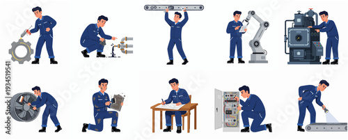 Set of Flat Illustration Mechanic Worker with Different Activities and Tools