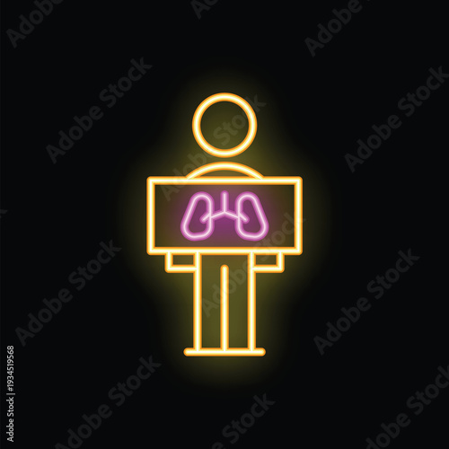 Neon stylized icon of a human figure holding an x ray scan of healthy lungs
