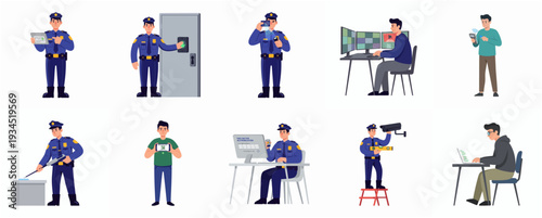Flat Character Security Officer and People Activities Vector Illustration Design