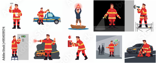 Set of Flat Illustration Various Rescue Activity by Professional Firefighter Character