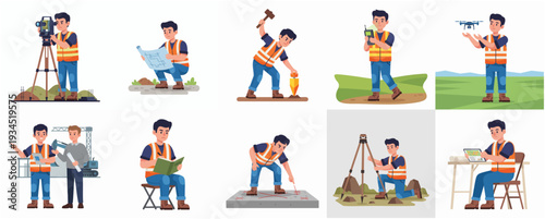 Diverse Flat Style Civil Engineer Activity Icon Illustration Set Design
