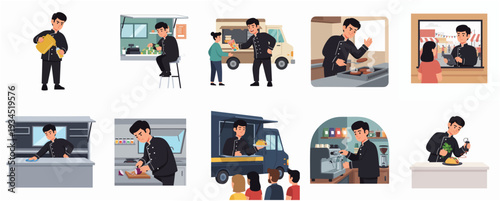 Illustrated Various Scene of Food Truck Seller with Customer Character Design